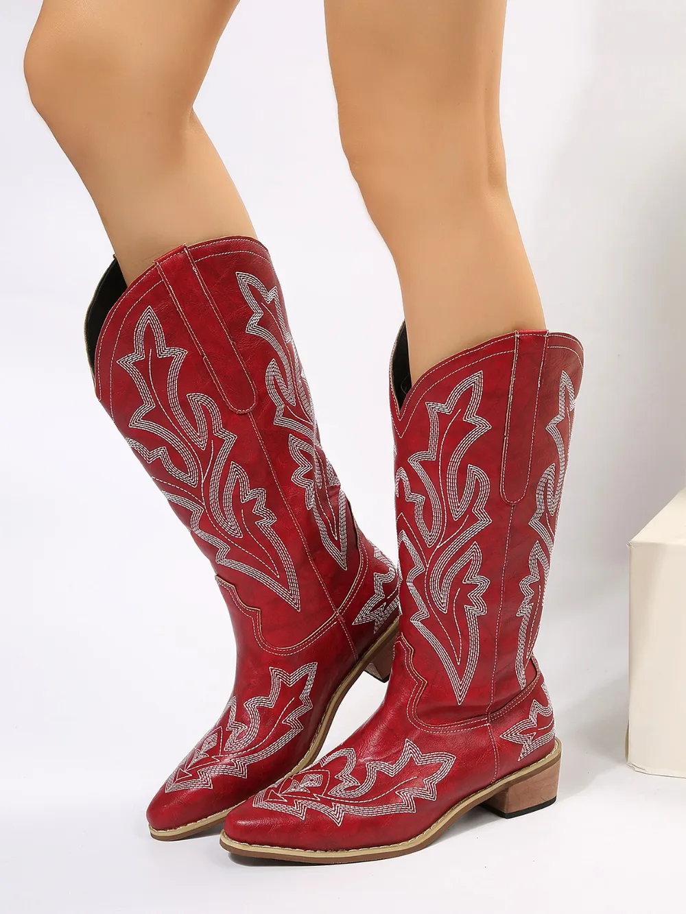 PU Leather Embroidered Geometric Point Toe Boots - Image 2
