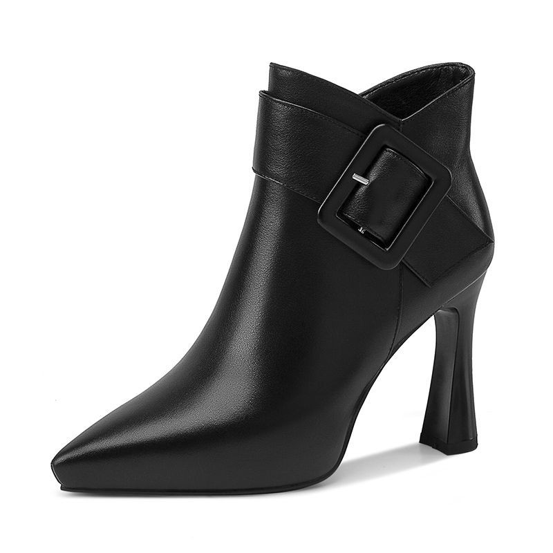 Faux Leather Pointed Toe High Heel Ankle Boots with Buckle Detail for Women - Image 5