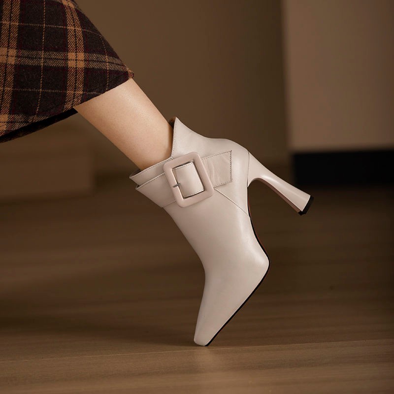 Faux Leather Pointed Toe High Heel Ankle Boots with Buckle Detail for Women - Image 4