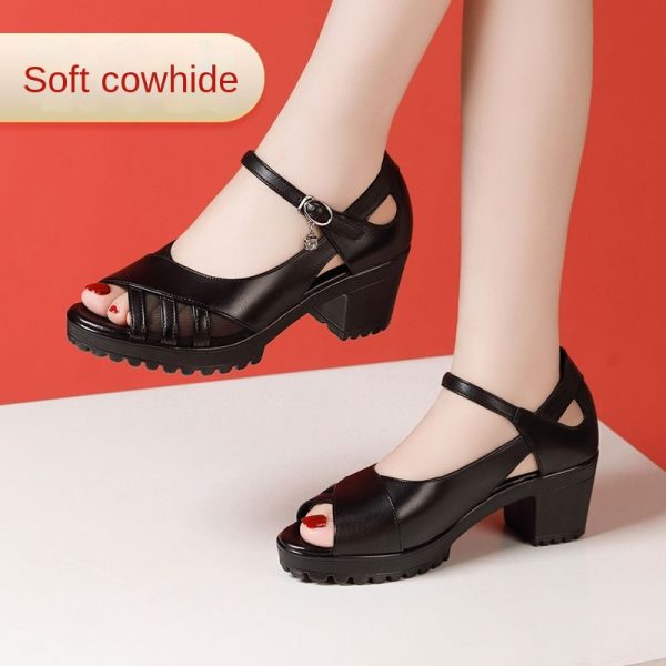 One-Strap High Heel Genuine Leather Sandals for Women White Chunky Heel Thick Sole Waterproof Platform Versatile Wide Size Mother Shoes - Image 6