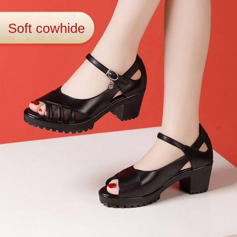 One-Strap High Heel Genuine Leather Sandals for Women White Chunky Heel Thick Sole Waterproof Platform Versatile Wide Size Mother Shoes - Image 6