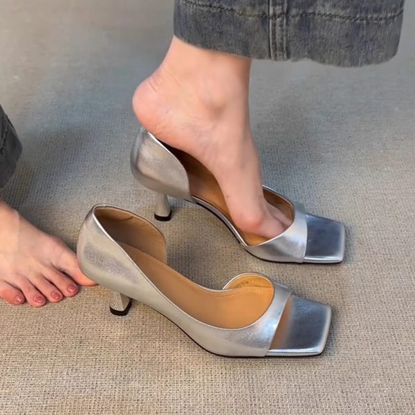 Sexy Toe-Opening Ankle Strap Sandals for Women French Retro Side Hollow Genuine Leather Square Toe High Heels to Match Dresses - Image 5