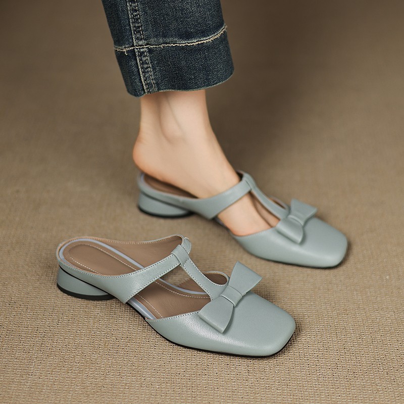 French T-Strap Bowknot Open-Toe Half Slippers Women Sweet Outdoor Backless Sandals Fashion Match - Image 2