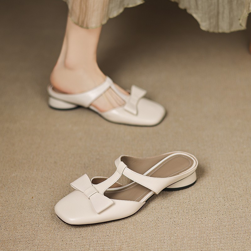 French T-Strap Bowknot Open-Toe Half Slippers Women Sweet Outdoor Backless Sandals Fashion Match - Image 4