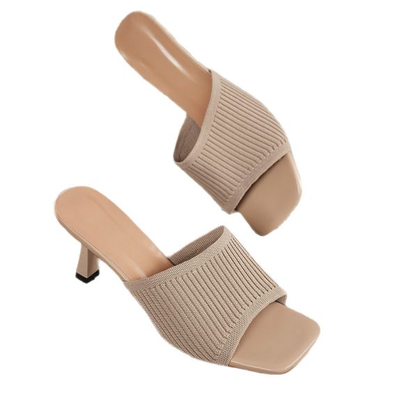 European and American Style Women's Large Size High Heel Sandals Pure Color Thick Heel Square Toe Knitted Wide Strap One-Word Sandals - Image 5