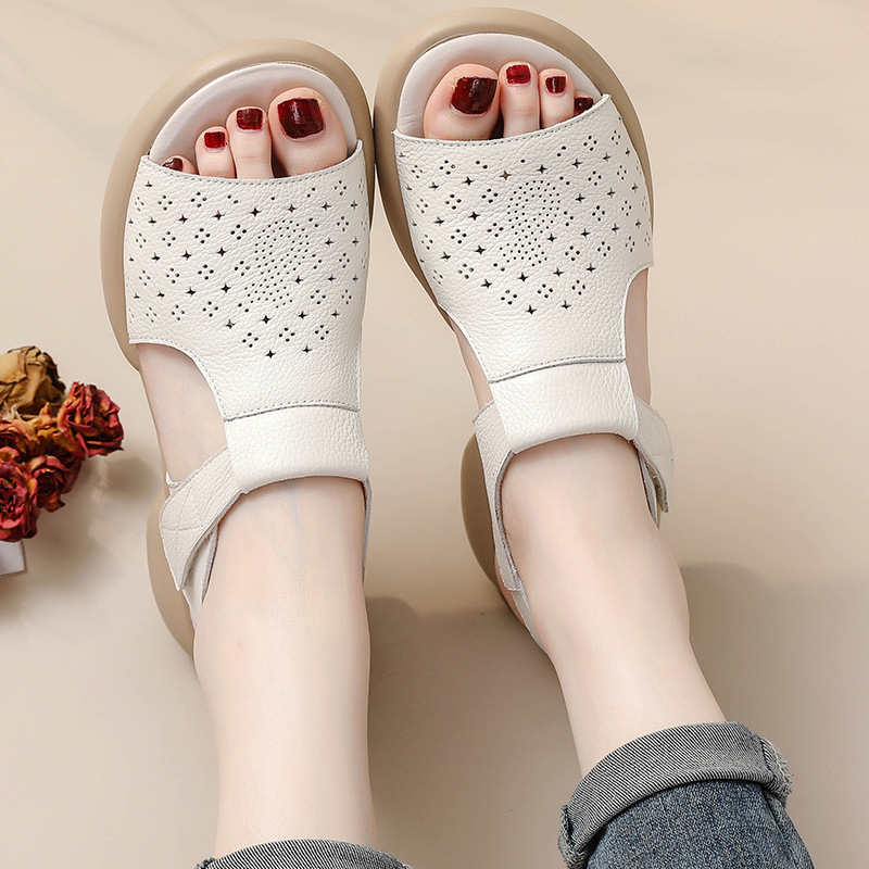 Top-Grain Leather Thick Sole Casual Sandals for Summer New Arrival Comfortable Soft Sole Breathable and Versatile Genuine Leather Mom Shoes - Image 4