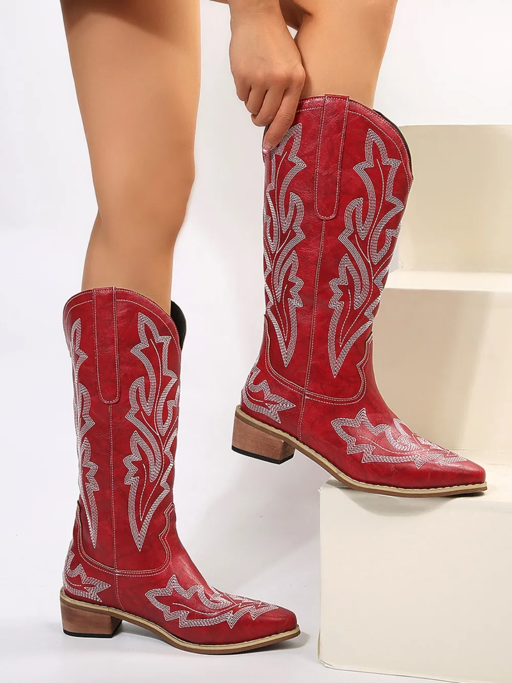 PU Leather Embroidered Geometric Point Toe Boots - Image 4