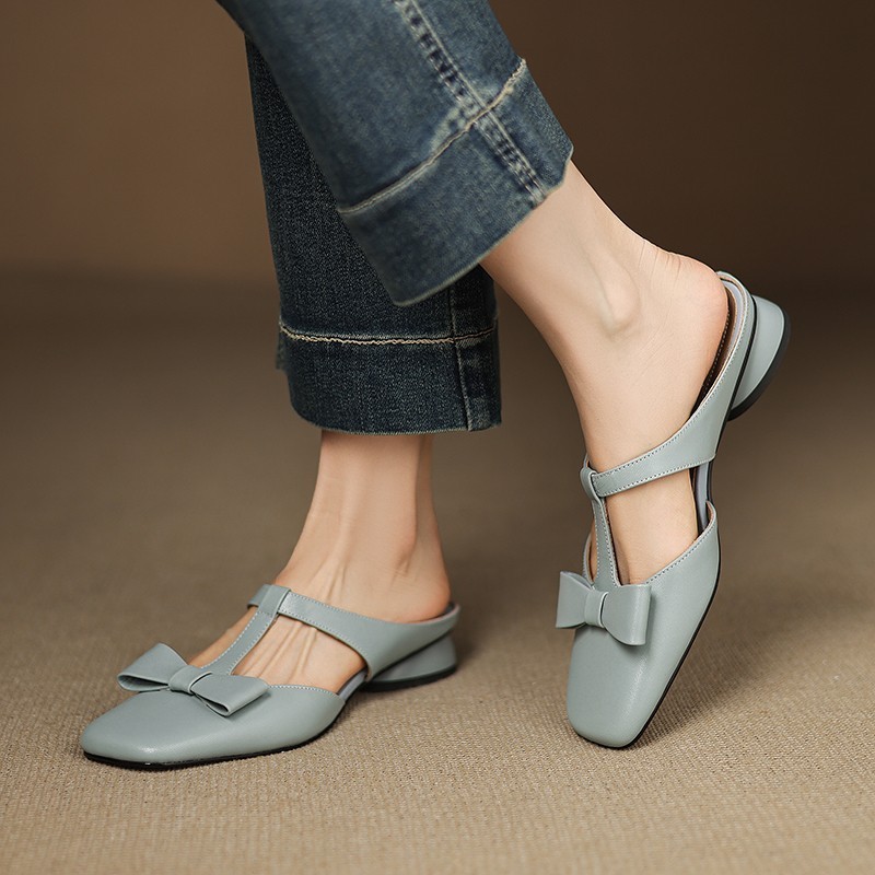 French T-Strap Bowknot Open-Toe Half Slippers Women Sweet Outdoor Backless Sandals Fashion Match - Image 3