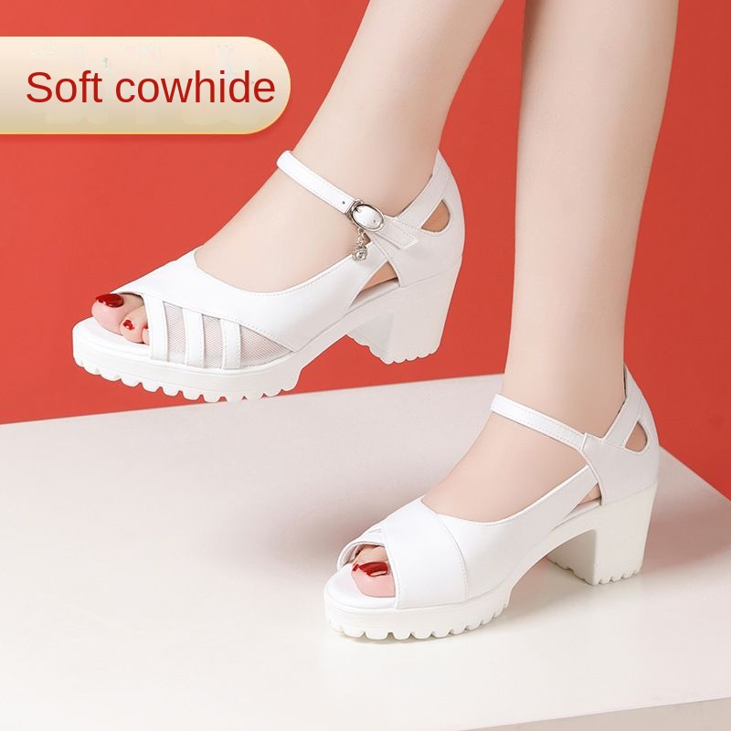 One-Strap High Heel Genuine Leather Sandals for Women White Chunky Heel Thick Sole Waterproof Platform Versatile Wide Size Mother Shoes - Image 3
