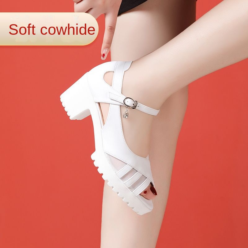 One-Strap High Heel Genuine Leather Sandals for Women White Chunky Heel Thick Sole Waterproof Platform Versatile Wide Size Mother Shoes - Image 5