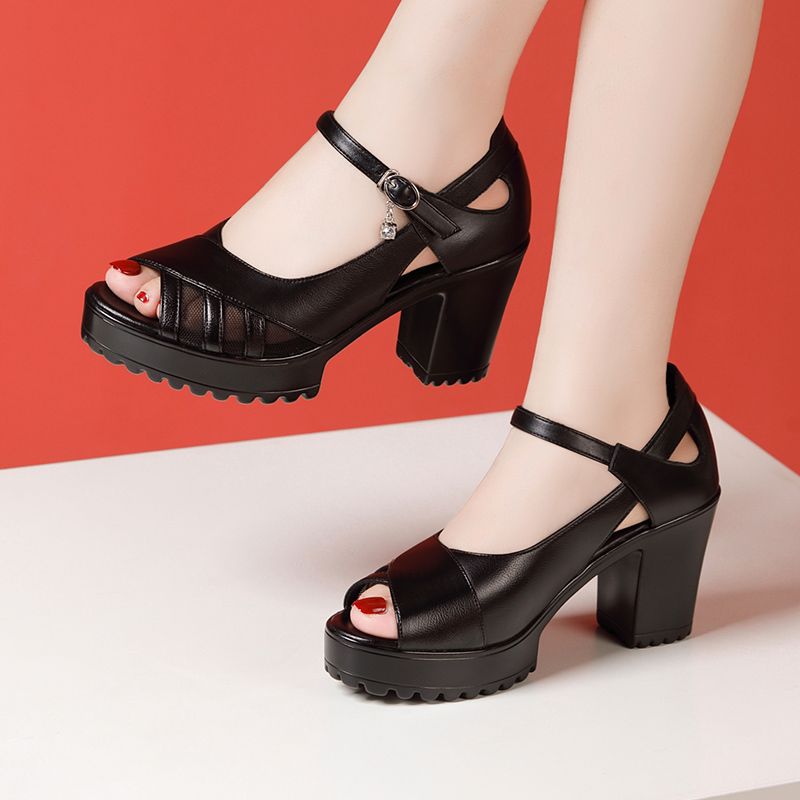 One-Strap High Heel Genuine Leather Sandals for Women White Chunky Heel Thick Sole Waterproof Platform Versatile Wide Size Mother Shoes - Image 9