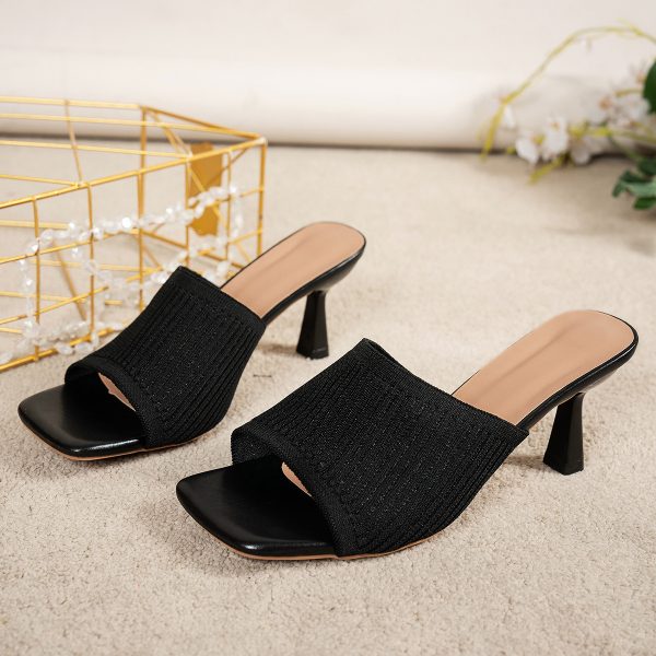 European and American Style Women's Large Size High Heel Sandals Pure Color Thick Heel Square Toe Knitted Wide Strap One-Word Sandals - Image 7