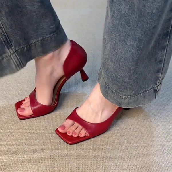Sexy Toe-Opening Ankle Strap Sandals for Women French Retro Side Hollow Genuine Leather Square Toe High Heels to Match Dresses - Image 3