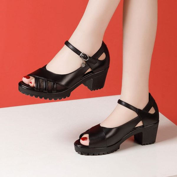 One-Strap High Heel Genuine Leather Sandals for Women White Chunky Heel Thick Sole Waterproof Platform Versatile Wide Size Mother Shoes - Image 8