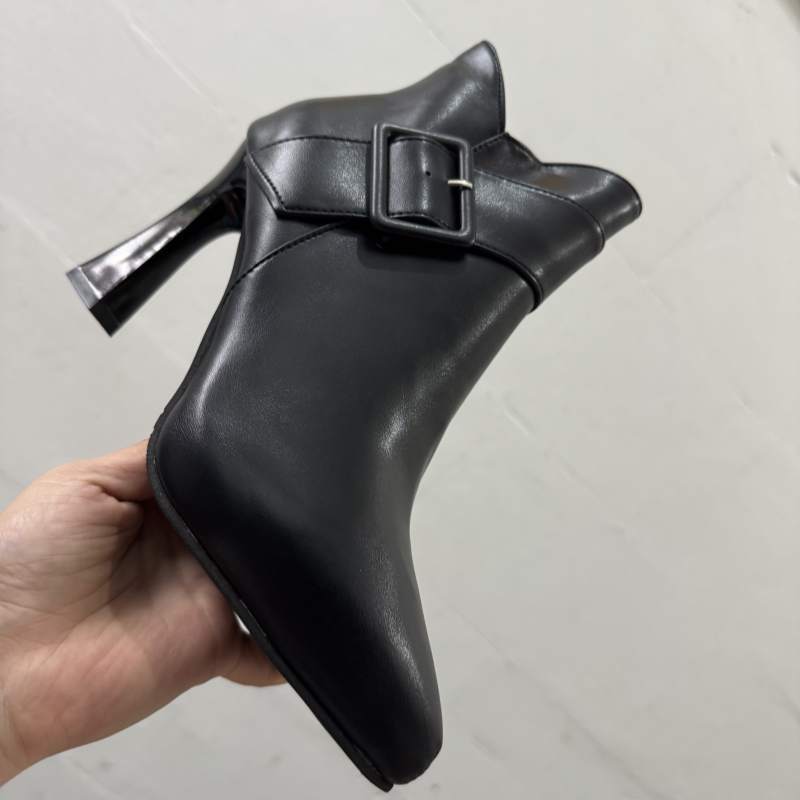 Faux Leather Pointed Toe High Heel Ankle Boots with Buckle Detail for Women - Image 3
