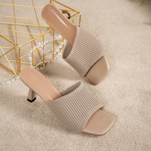 European and American Style Women's Large Size High Heel Sandals Pure Color Thick Heel Square Toe Knitted Wide Strap One-Word Sandals - Image 8