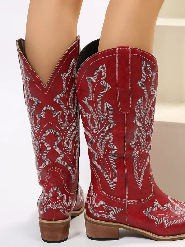 PU Leather Embroidered Geometric Point Toe Boots - Image 7