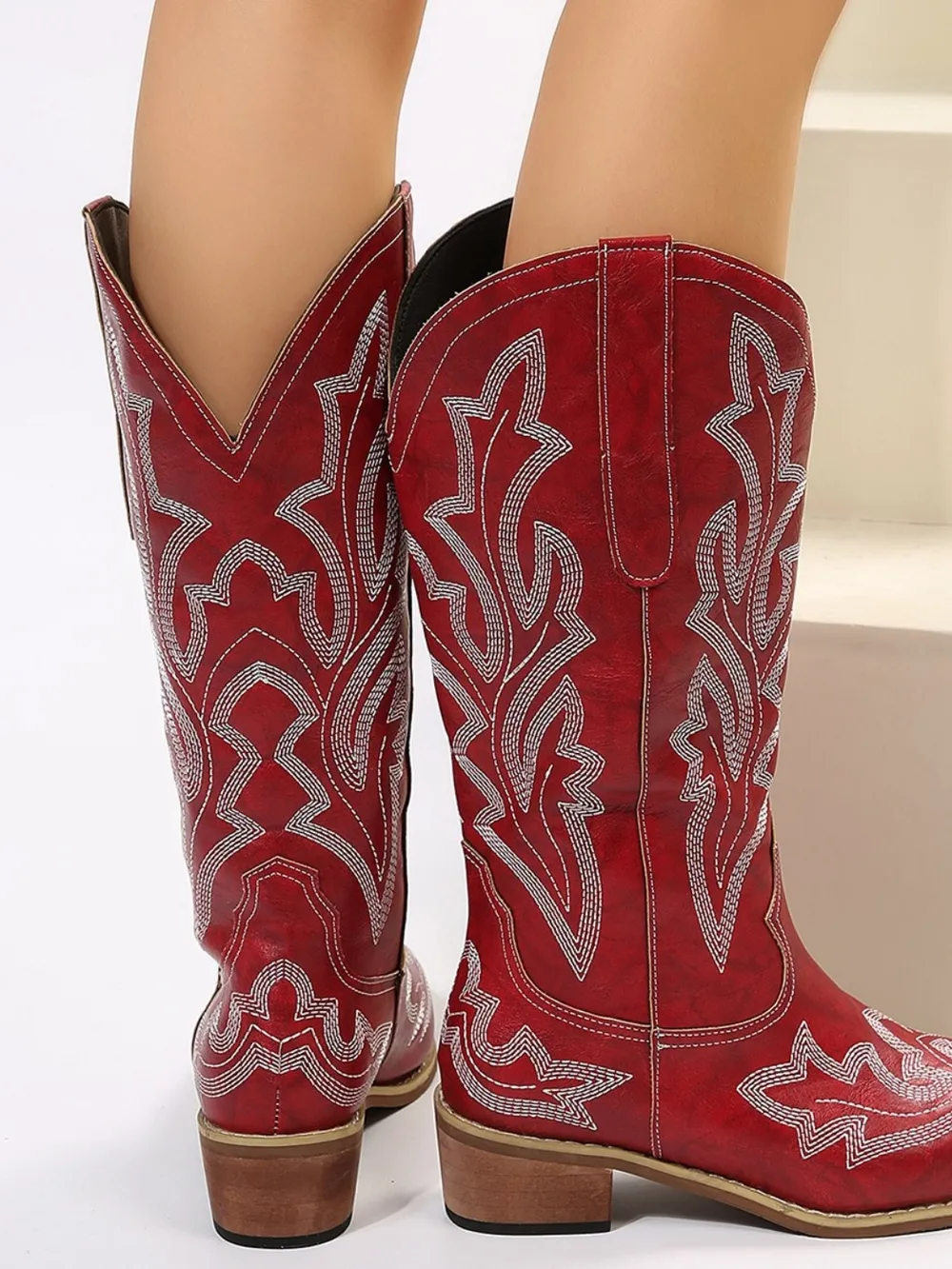 PU Leather Embroidered Geometric Point Toe Boots - Image 7