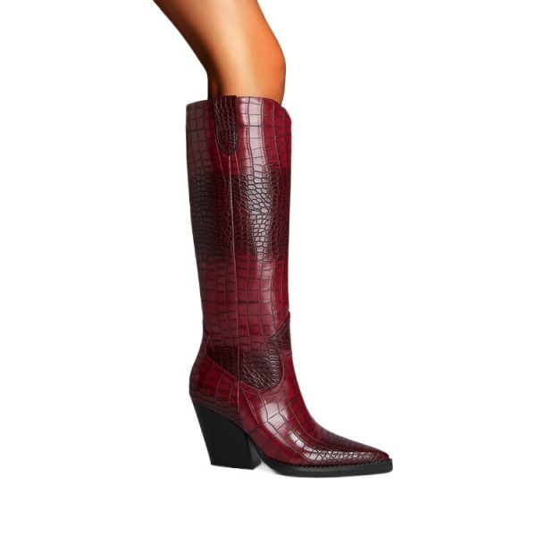 Pump Heel Pointed Toe Plaid Long Boots Women Wine Red Dark Brown Adult Order - Image 5