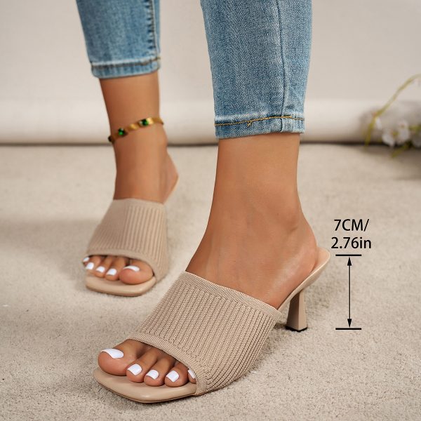 European and American Style Women's Large Size High Heel Sandals Pure Color Thick Heel Square Toe Knitted Wide Strap One-Word Sandals - Image 3