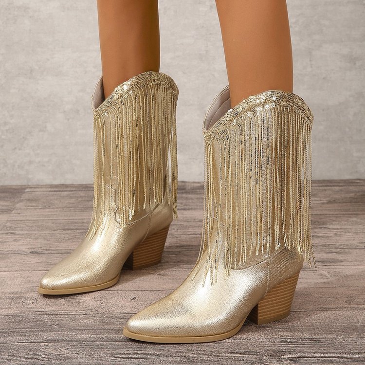 Women Vintage Chunky Heel Wrinkled Slip-on V-Opening Western Cowboy Boots - Image 2