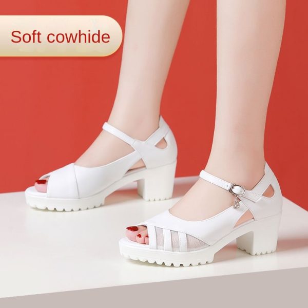 One-Strap High Heel Genuine Leather Sandals for Women White Chunky Heel Thick Sole Waterproof Platform Versatile Wide Size Mother Shoes - Image 4
