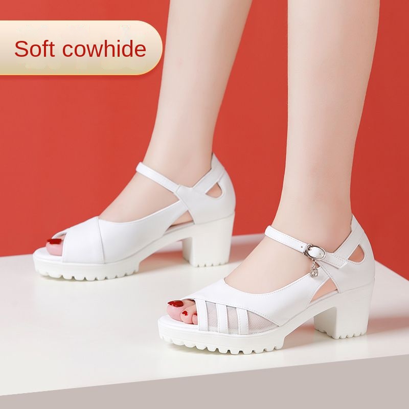 One-Strap High Heel Genuine Leather Sandals for Women White Chunky Heel Thick Sole Waterproof Platform Versatile Wide Size Mother Shoes - Image 4