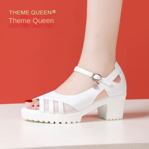 One-Strap High Heel Genuine Leather Sandals for Women White Chunky Heel Thick Sole Waterproof Platform Versatile Wide Size Mother Shoes - Image 2