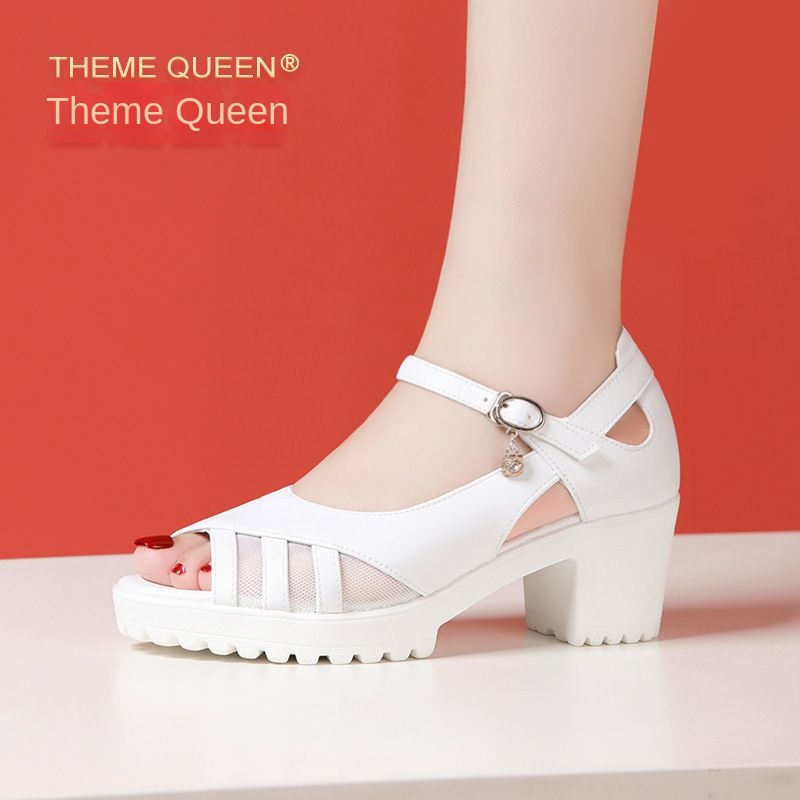 One-Strap High Heel Genuine Leather Sandals for Women White Chunky Heel Thick Sole Waterproof Platform Versatile Wide Size Mother Shoes - Image 2