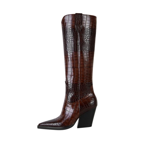 Pump Heel Pointed Toe Plaid Long Boots Women Wine Red Dark Brown Adult Order - Image 2