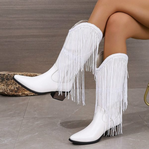 Women Vintage Chunky Heel Wrinkled Slip-on V-Opening Western Cowboy Boots - Image 4