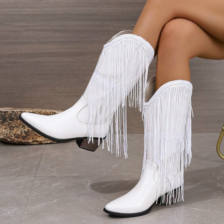 Women Vintage Chunky Heel Wrinkled Slip-on V-Opening Western Cowboy Boots - Image 4